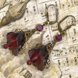 Ruby Red Bronze Hand Painted Lucite Flower Earrings, Crystal, Filigree
